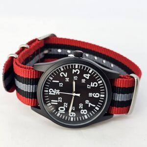 Field Men's Watch 42MM Black Case Black Dial Red Black Gray Canvas Band Strap‎